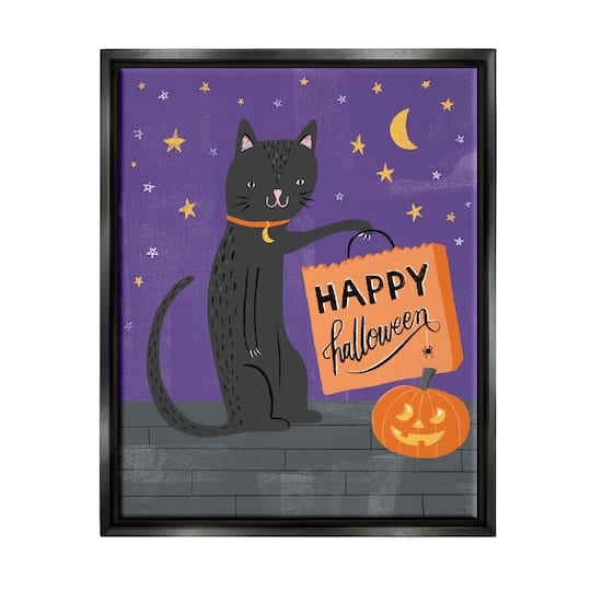 Stupell Industries Happy Halloween Black Cat Framed Floater Canvas Wall Art
